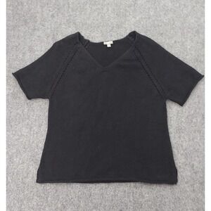 J Jill Sweater Womens XL Black V Neck Linen Cotton Knit Short Sleeve Pullover